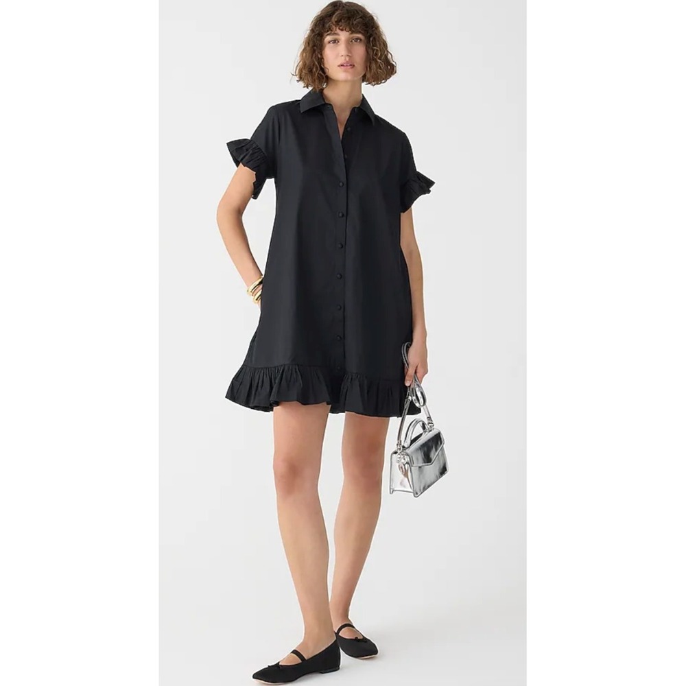 J. Crew Cotton Poplin Ruffle-hem Shirt Dress Women Small Black Minimalist Luxury